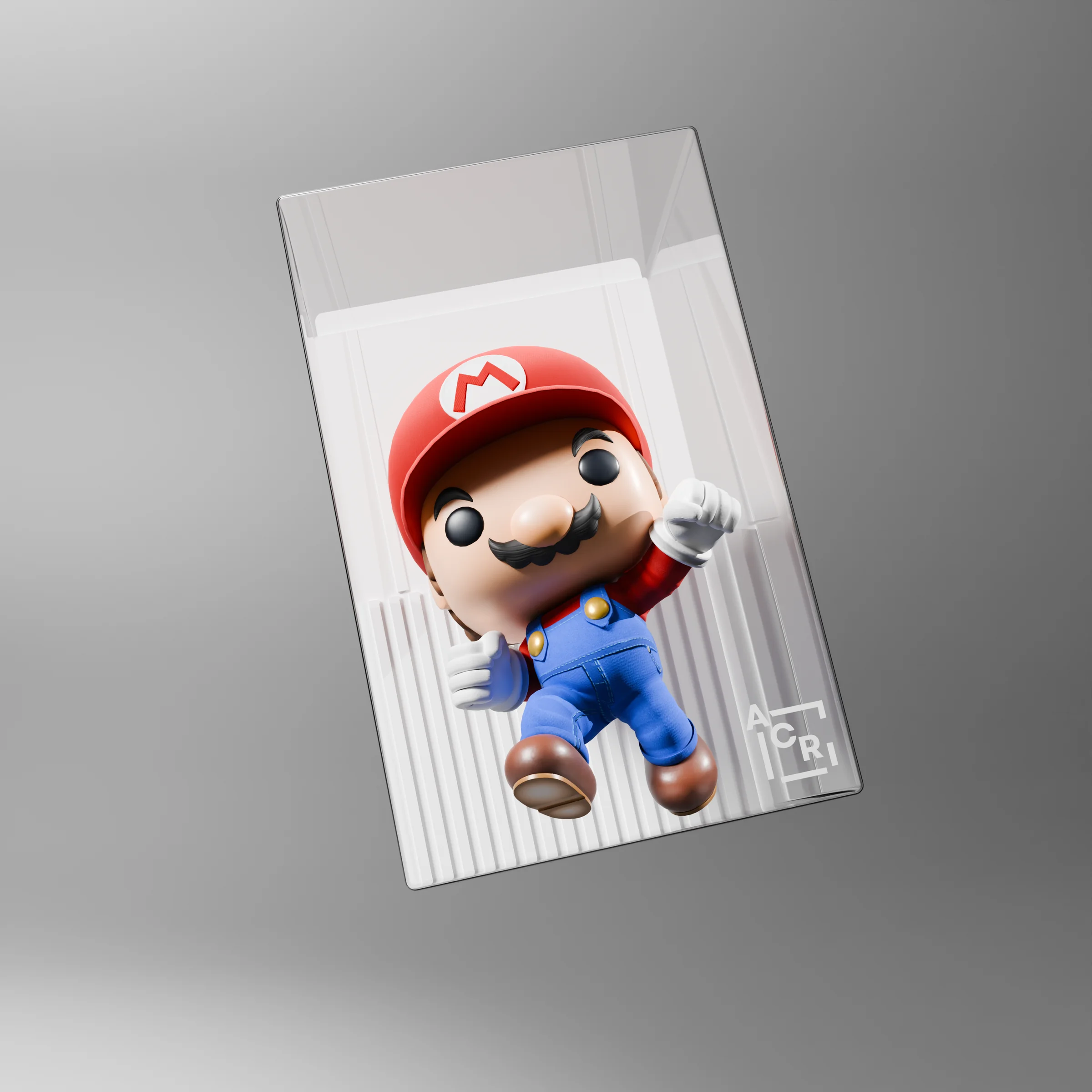 Mario figure displayed inside a clear acrylic presentation case