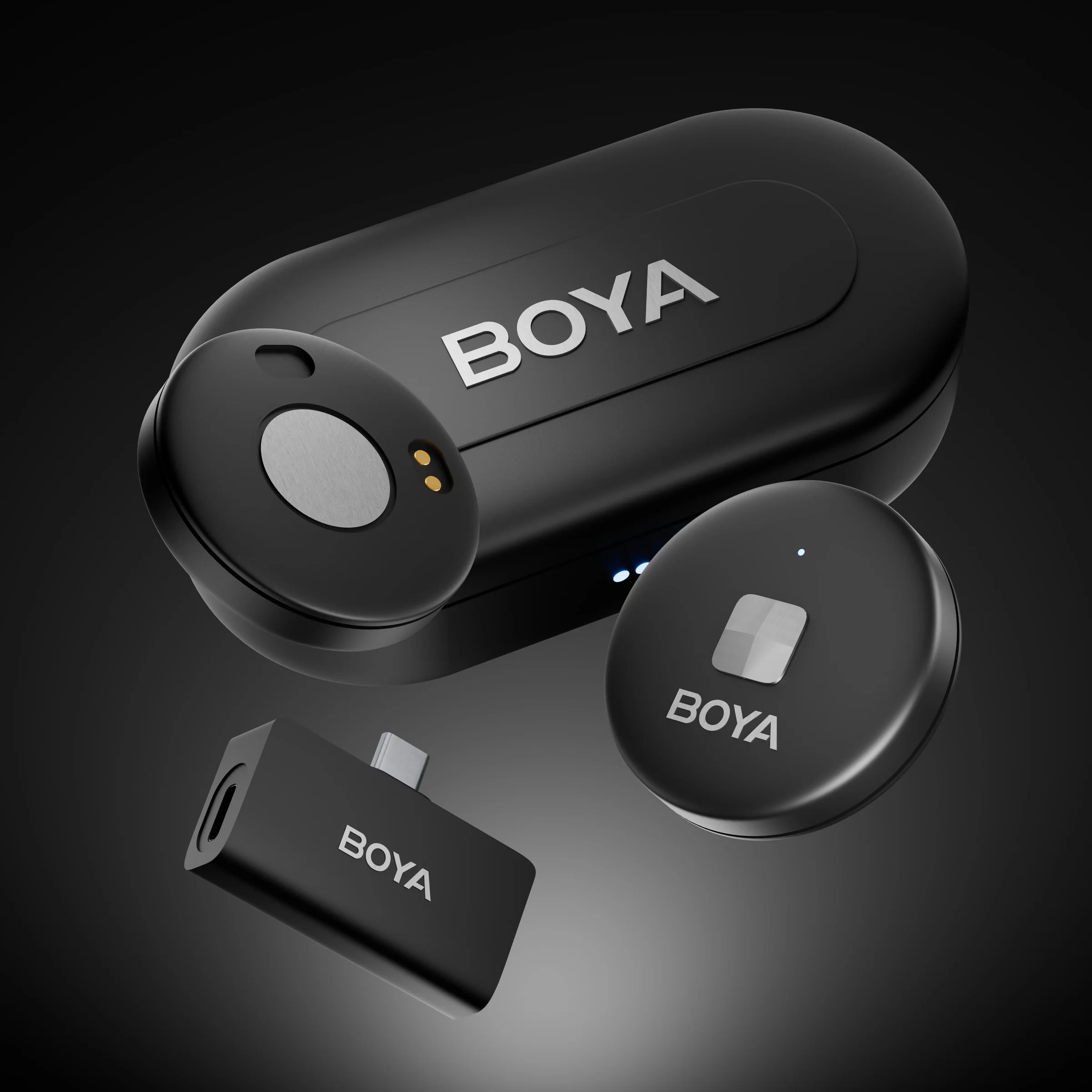 Black BOYA wireless microphone kit arranged in a studio render