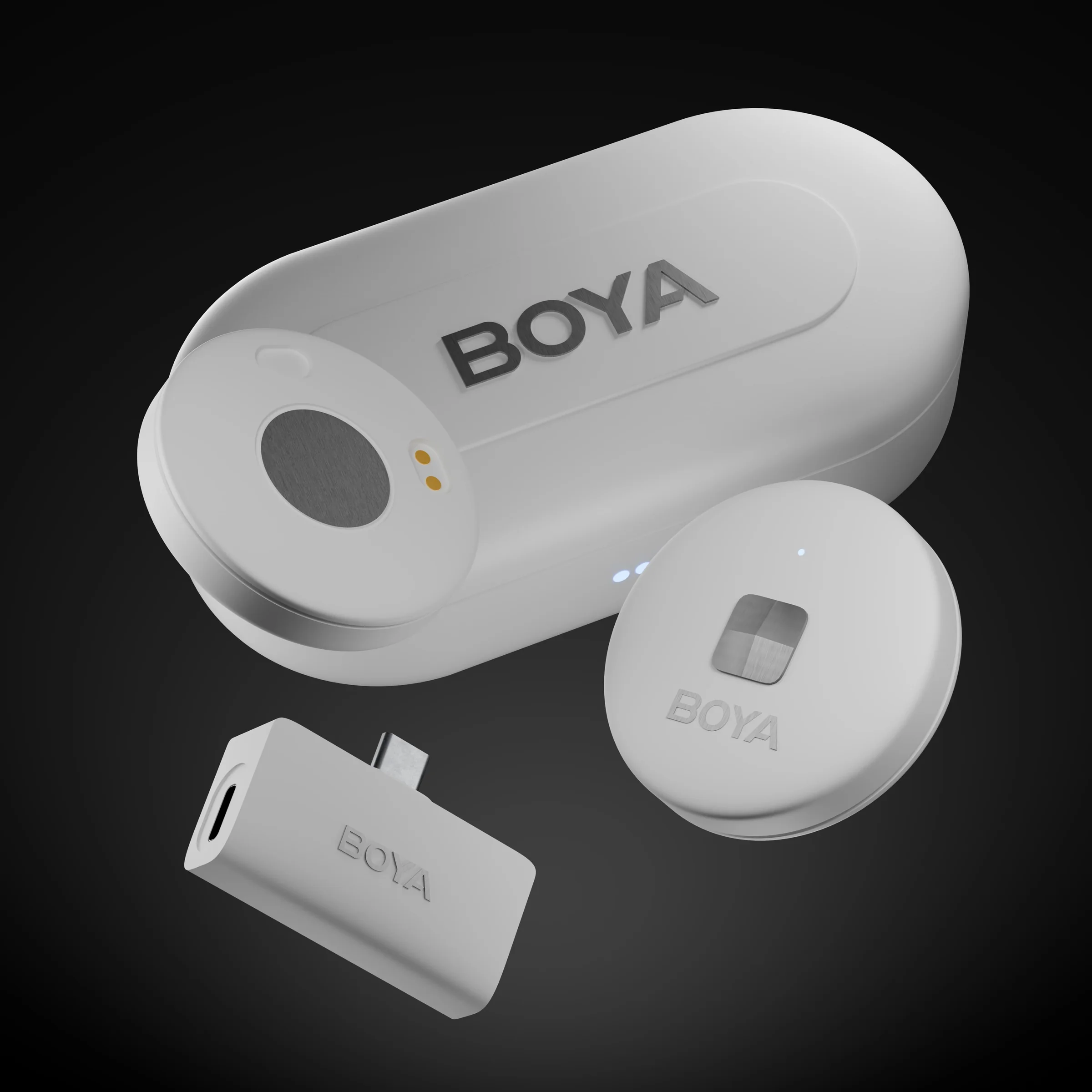 White BOYA wireless microphone kit with charging case