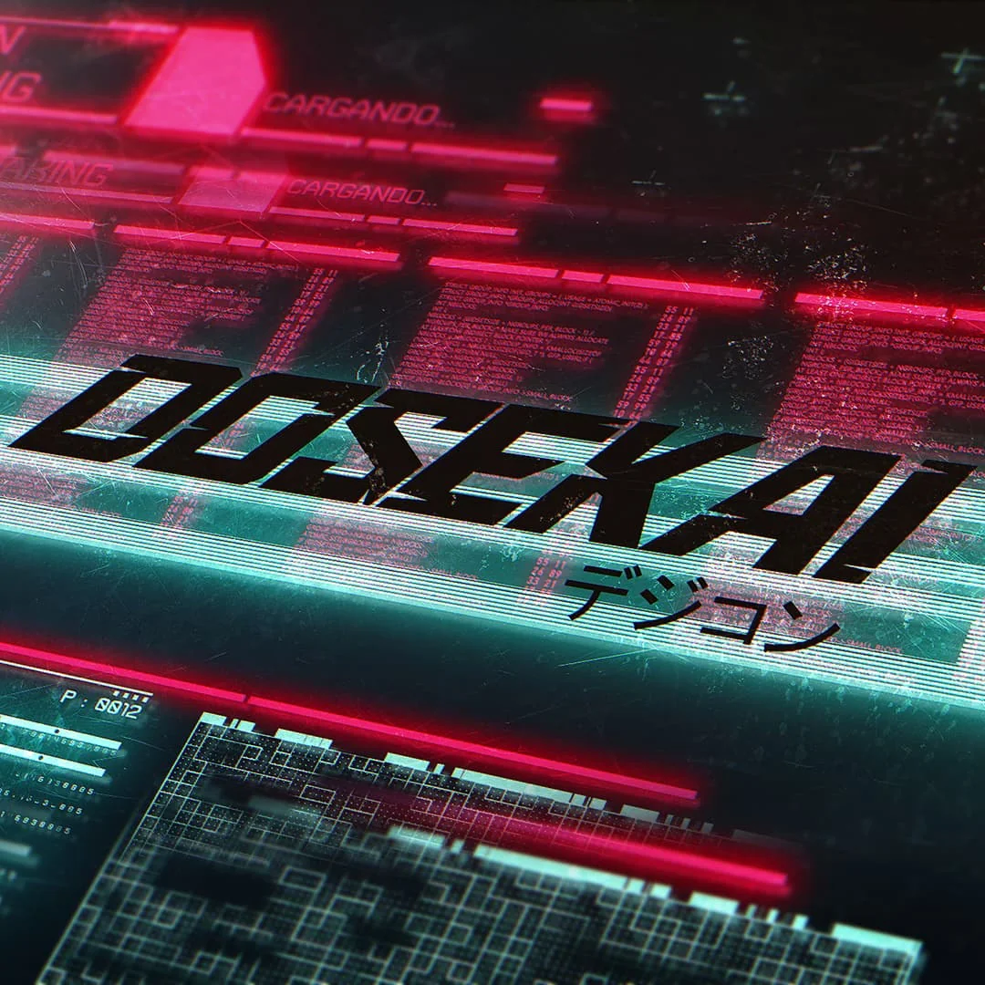 Dosekai title rendered across a neon interface