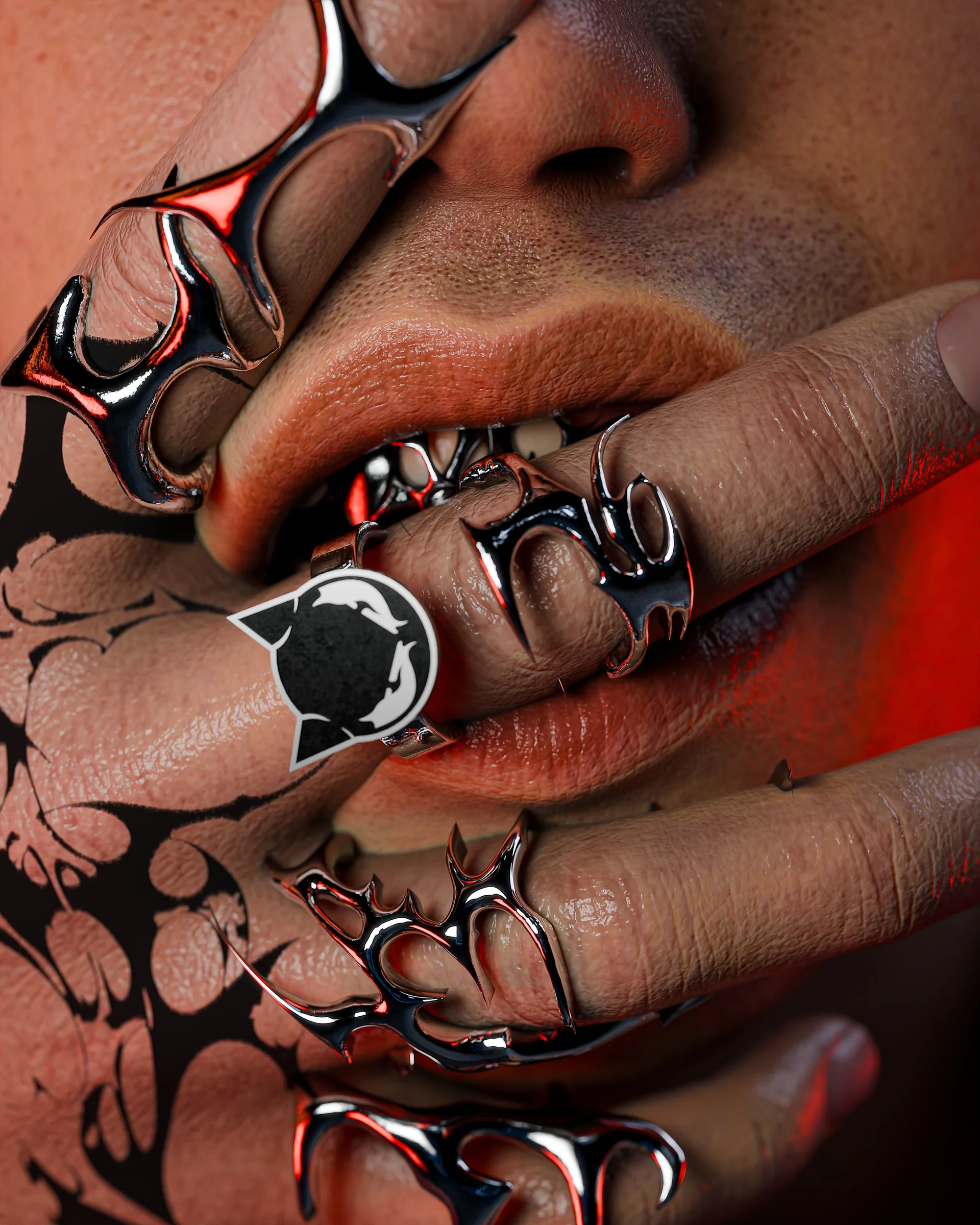 Portrait detail with sculptural rings and metallic grillz
