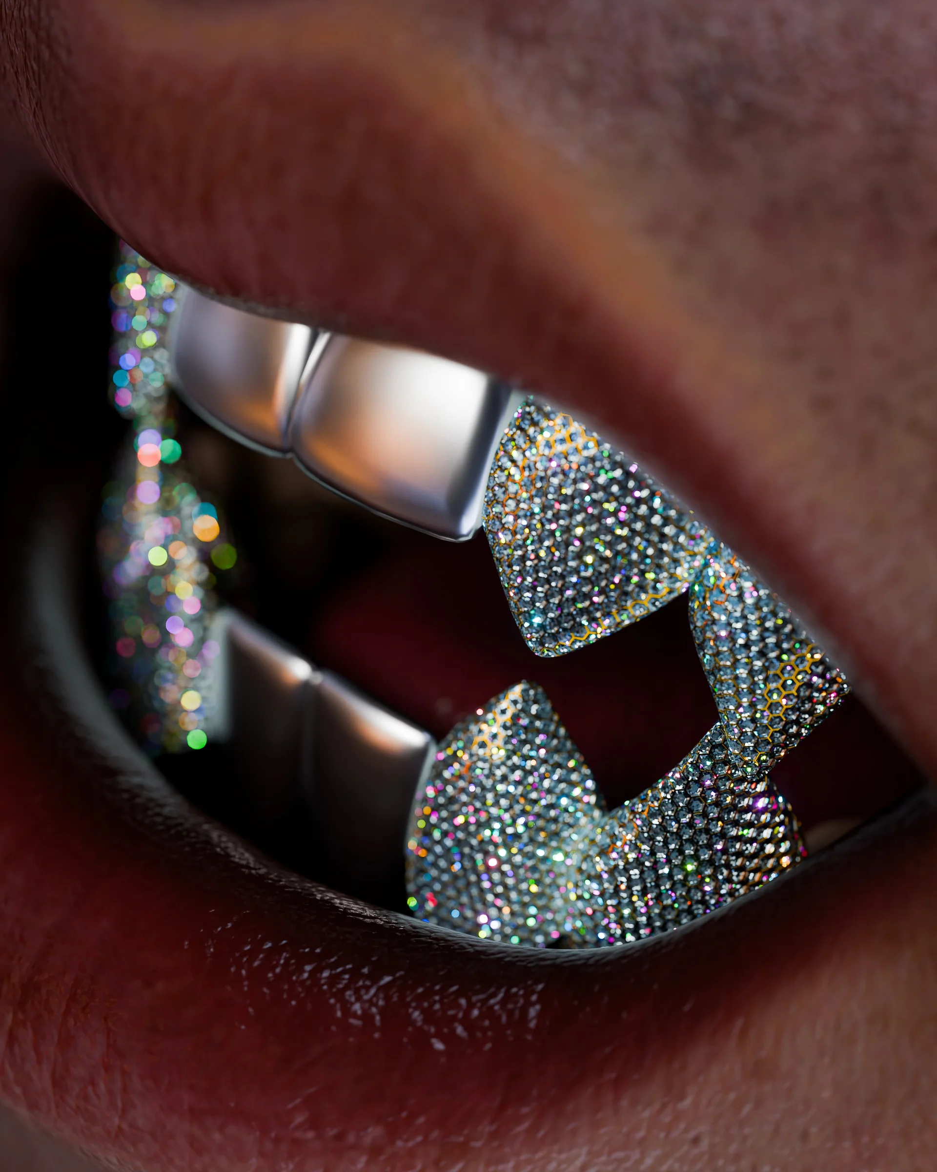 Diamond-set grillz in a close-up smile