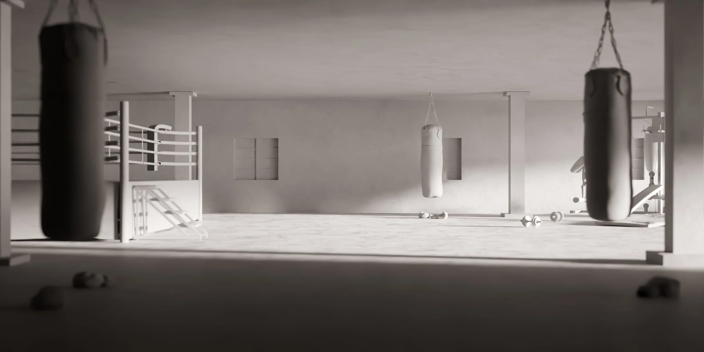 Clay render of a boxing gym environment