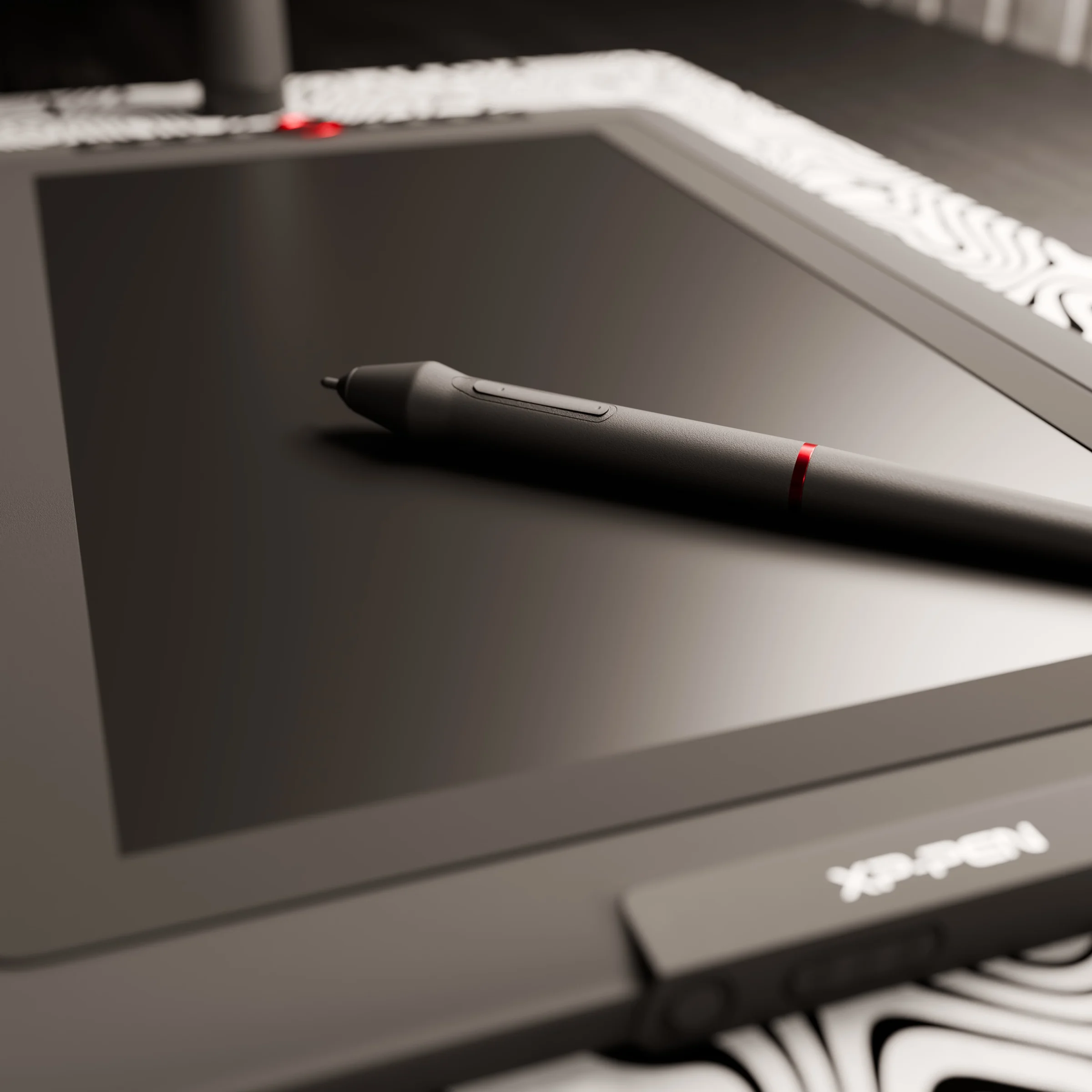 XP-Pen drawing display with its stylus resting across the screen